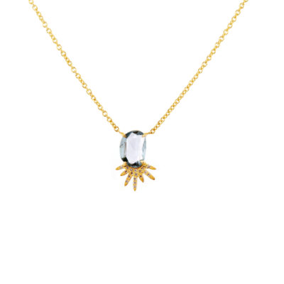 Collier Soleil saphir bleu claire, or jaune et diamants