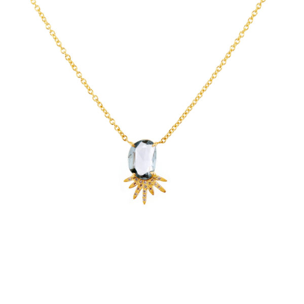 Collier Soleil saphir bleu claire, or jaune et diamants