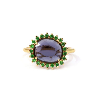 Bague La Pensive or jaune, spinelle bleu gris et tsavorite