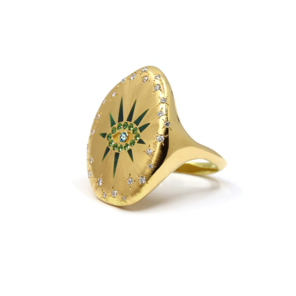 Bague Evil Eye or jaune et pierres