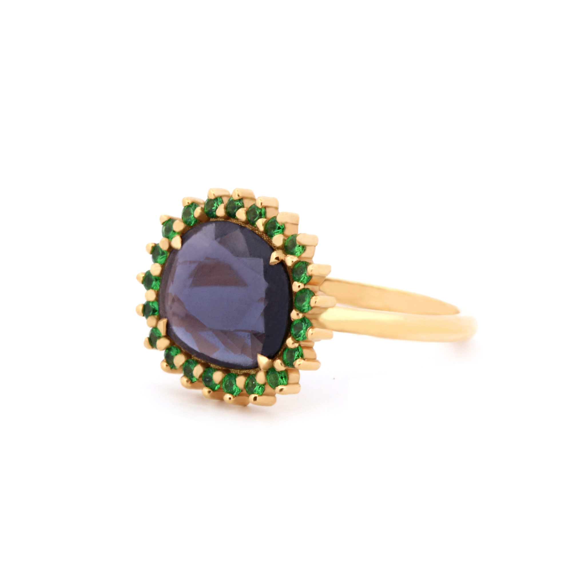 Bague La Pensive or jaune, spinelle bleu gris et tsavorite