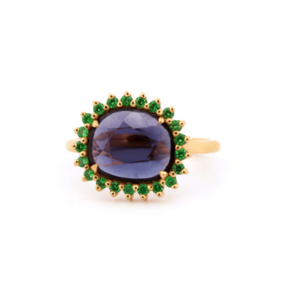 Bague La Pensive or jaune, spinelle bleu gris et tsavorite
