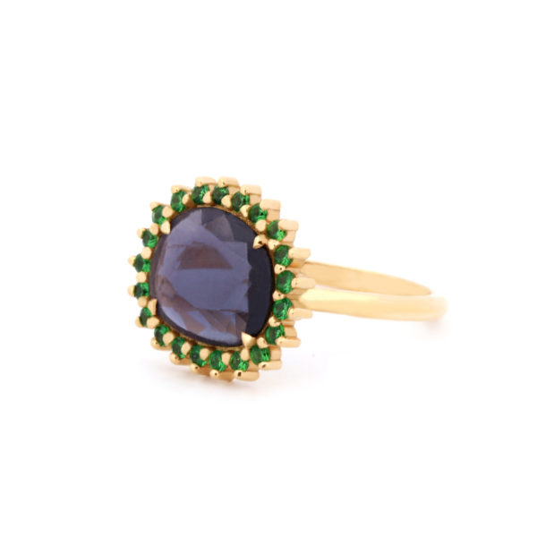 Bague La Pensive or jaune, spinelle bleu gris et tsavorite