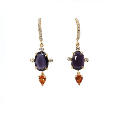 Boucles Spinelles bleu violet, goutte grenat orange et diamants