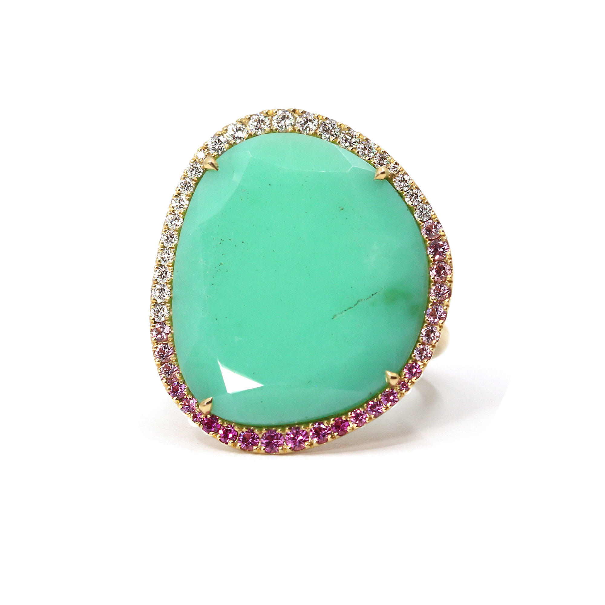 Bague Valencia chrysoprase, saphirs et diamants